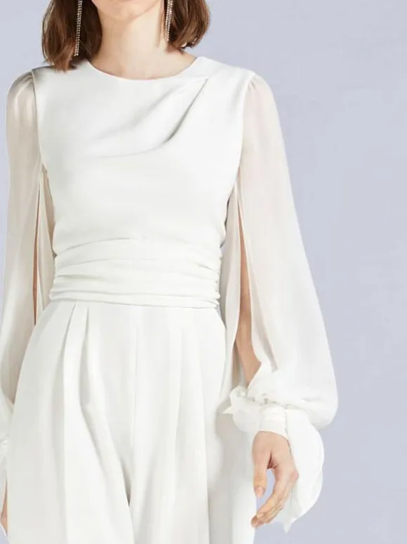 Ivory Bridal Jumpsuit 2026 Pockets Floor-Length A-Line Jewel Neck Long Sleeves Wedding Jumpsuit Free Customization