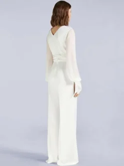 Ivory Bridal Jumpsuit 2026 Pockets Floor-Length A-Line Jewel Neck Long Sleeves Wedding Jumpsuit Free Customization
