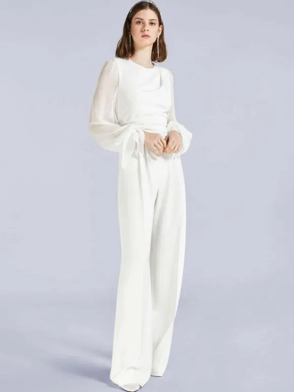 Ivory Bridal Jumpsuit 2026 Pockets Floor-Length A-Line Jewel Neck Long Sleeves Wedding Jumpsuit Free Customization