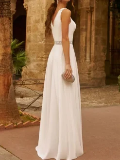 Ivory Bridal Jumpsuit Chiffon Lace Floor-Length A-Line V-Neck Sleeveless Raised Waist Wedding Jumpsuit