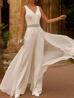 Ivory Bridal Jumpsuit Chiffon Lace Floor-Length A-Line V-Neck Sleeveless Raised Waist Wedding Jumpsuit