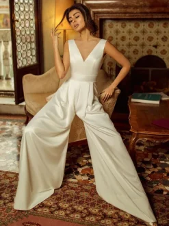 Ivory Bridal Jumpsuit Lace Floor-Length A-Line V-Neck Sleeveless Raised Waist Jumpsuit