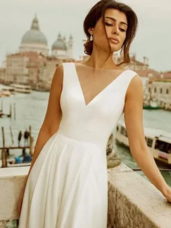 Ivory Bridal Jumpsuit Lace Floor-Length A-Line V-Neck Sleeveless Raised Waist Jumpsuit