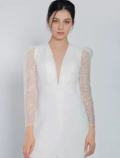 Ivory Bridal Jumpsuit Stretch Crepe Lace Floor-Length A-Line V-Neck Long Sleeves Raised Waist Wedding Jumpsuit Free Customization