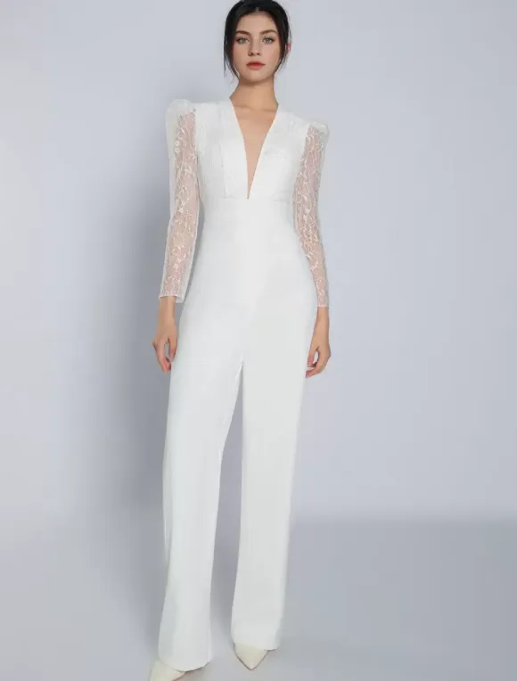 Ivory Bridal Jumpsuit Stretch Crepe Lace Floor-Length A-Line V-Neck Long Sleeves Raised Waist Wedding Jumpsuit Free Customization