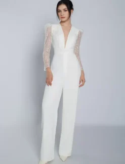 Ivory Bridal Jumpsuit Stretch Crepe Lace Floor-Length A-Line V-Neck Long Sleeves Raised Waist Wedding Jumpsuit Free Customization
