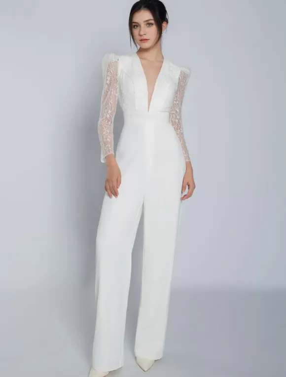 Ivory Bridal Jumpsuit Stretch Crepe Lace Floor-Length A-Line V-Neck Long Sleeves Raised Waist Wedding Jumpsuit Free Customization