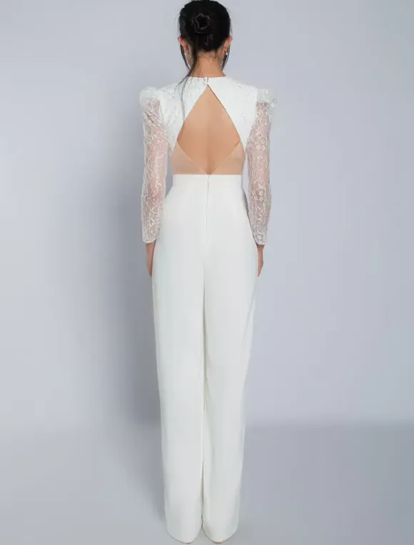 Ivory Bridal Jumpsuit Stretch Crepe Lace Floor-Length A-Line V-Neck Long Sleeves Raised Waist Wedding Jumpsuit Free Customization