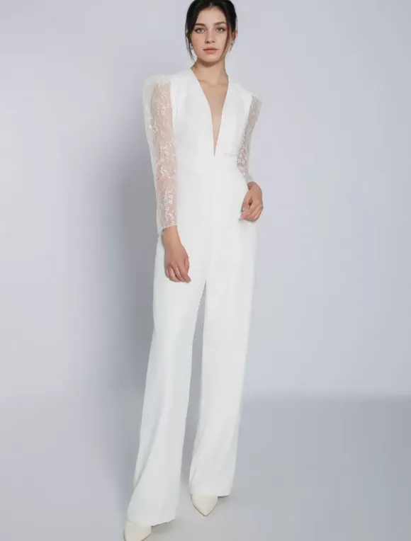 Ivory Bridal Jumpsuit Stretch Crepe Lace Floor-Length A-Line V-Neck Long Sleeves Raised Waist Wedding Jumpsuit Free Customization