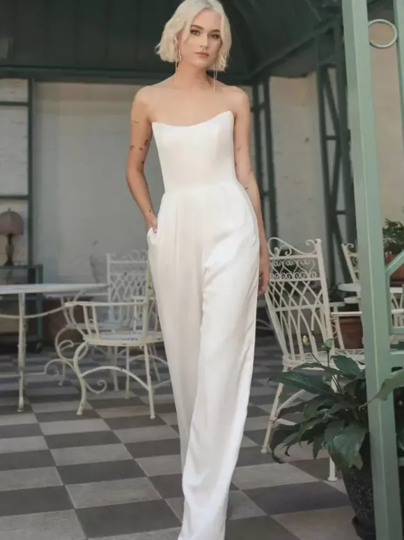 Ivory Bridal Jumpsuit Stretch Crepe Floor-Length A-Line Strapless Sleeveless Raised Waist Jumpsuit