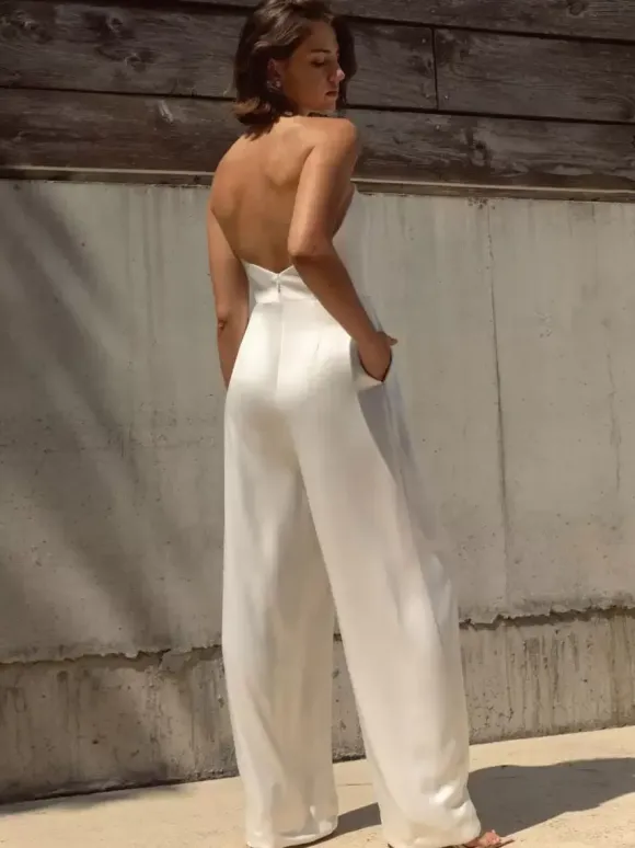 Ivory Bridal Jumpsuit Stretch Crepe Floor-Length A-Line Strapless Sleeveless Raised Waist Jumpsuit