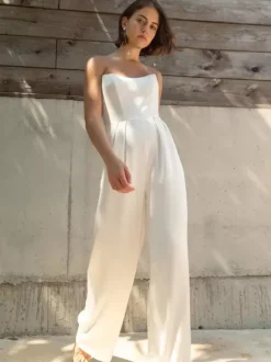 Ivory Bridal Jumpsuit Stretch Crepe Floor-Length A-Line Strapless Sleeveless Raised Waist Jumpsuit