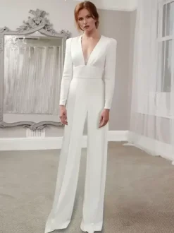Ivory Bridal Jumpsuit Stretch Crepe Floor-Length A-Line V-Neck Long Sleeves Raised Waist Wedding Jumpsuit