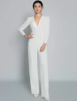 Ivory Bridal Jumpsuit Stretch Crepe Floor-Length A-Line V-Neck Long Sleeves Raised Waist Wedding Jumpsuit