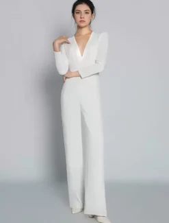 Ivory Bridal Jumpsuit Stretch Crepe Floor-Length A-Line V-Neck Long Sleeves Raised Waist Wedding Jumpsuit
