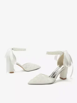 Ivory Bridal Shoes Mesh Pointed Toe Pearls Ankle Strap Wedding Shoes