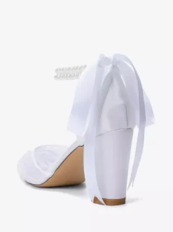 Ivory Bridal Shoes Mesh Pointed Toe Pearls Ankle Strap Wedding Shoes