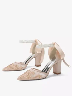 Ivory Bridal Shoes Mesh Pointed Toe Pearls Ankle Strap Wedding Shoes