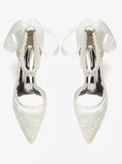 Ivory Bridal Shoes Mesh Pointed Toe Pearls Ankle Strap Wedding Shoes