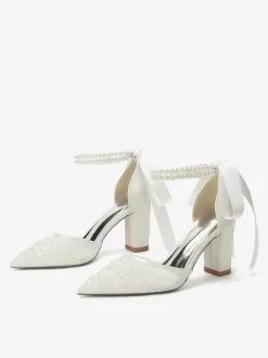 Ivory Bridal Shoes Mesh Pointed Toe Pearls Ankle Strap Wedding Shoes