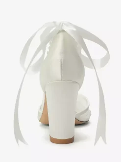 Ivory Bridal Shoes Mesh Pointed Toe Pearls Ankle Strap Wedding Shoes