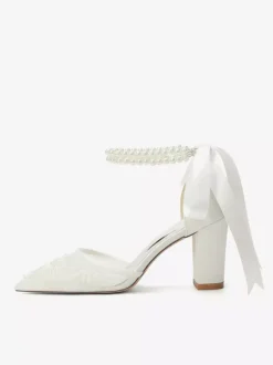 Ivory Bridal Shoes Mesh Pointed Toe Pearls Ankle Strap Wedding Shoes