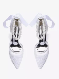 Ivory Bridal Shoes Mesh Pointed Toe Pearls Ankle Strap Wedding Shoes