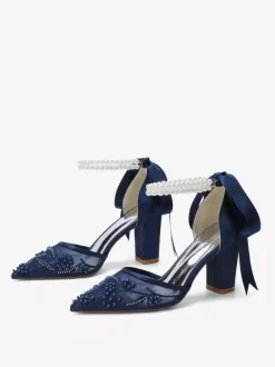 Ivory Bridal Shoes Mesh Pointed Toe Pearls Ankle Strap Wedding Shoes
