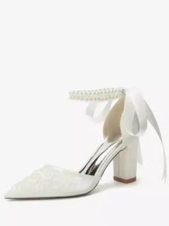 Ivory Bridal Shoes Mesh Pointed Toe Pearls Ankle Strap Wedding Shoes