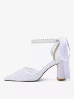 Ivory Bridal Shoes Mesh Pointed Toe Pearls Ankle Strap Wedding Shoes