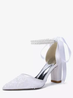Ivory Bridal Shoes Mesh Pointed Toe Pearls Ankle Strap Wedding Shoes