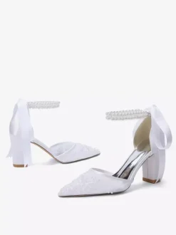 Ivory Bridal Shoes Mesh Pointed Toe Pearls Ankle Strap Wedding Shoes