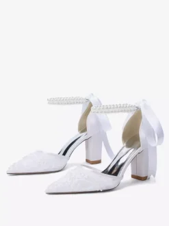 Ivory Bridal Shoes Mesh Pointed Toe Pearls Ankle Strap Wedding Shoes