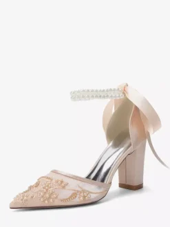 Ivory Bridal Shoes Mesh Pointed Toe Pearls Ankle Strap Wedding Shoes
