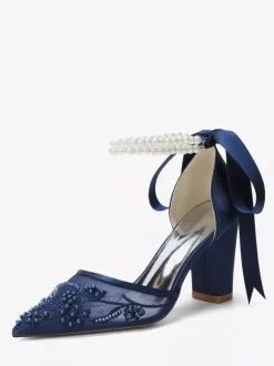 Ivory Bridal Shoes Mesh Pointed Toe Pearls Ankle Strap Wedding Shoes