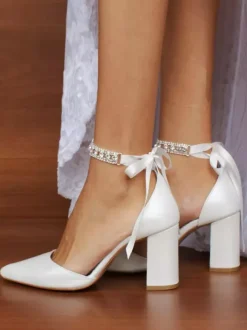 Ivory Chunky Heel Bridal Shoes Pointy Toe Rhinestones Lace Up Wedding Shoes 2026