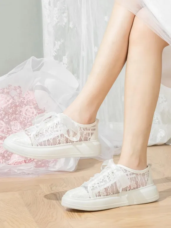 Ivory Flat Bridal Shoes Lace Up Wedding Shoes