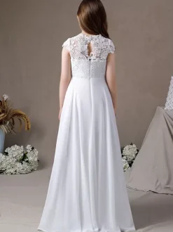 Ivory Flower Girl Dress Lace Jewel Neck Short Sleeves Kids Birthday Party Dresses