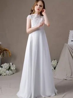 Ivory Flower Girl Dress Lace Jewel Neck Short Sleeves Kids Birthday Party Dresses