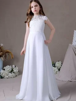 Ivory Flower Girl Dress Lace Jewel Neck Short Sleeves Kids Birthday Party Dresses