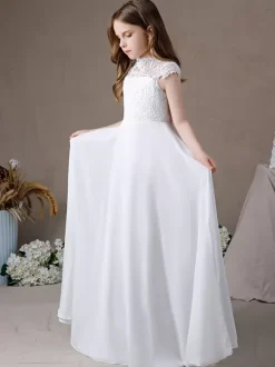 Ivory Flower Girl Dress Lace Jewel Neck Short Sleeves Kids Birthday Party Dresses