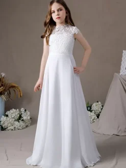 Ivory Flower Girl Dress Lace Jewel Neck Short Sleeves Kids Birthday Party Dresses