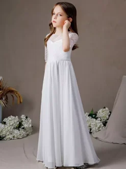 Ivory Flower Girl Dress Lace Jewel Neck Half Sleeves Kids Birthday Party Dresses