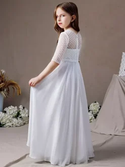 Ivory Flower Girl Dress Lace Jewel Neck Half Sleeves Kids Birthday Party Dresses