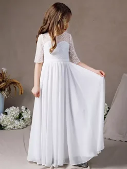 Ivory Flower Girl Dress Lace Jewel Neck Half Sleeves Kids Birthday Party Dresses