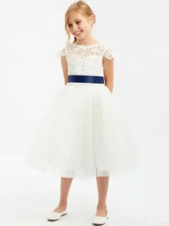 Ivory Flower Girl Dress Lace Sash Jewel Neck Short Sleeves Birthday Party Dresses