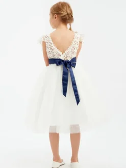 Ivory Flower Girl Dress Lace Sash Jewel Neck Short Sleeves Birthday Party Dresses