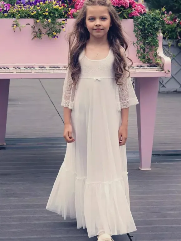 Ivory Flower Girl Dress Lace Bows Jewel Neck 3/4 Length Sleeves Kids Birthday Party Dresses