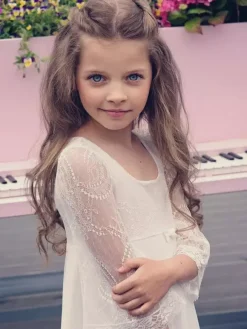 Ivory Flower Girl Dress Lace Bows Jewel Neck 3/4 Length Sleeves Kids Birthday Party Dresses