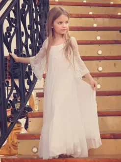 Ivory Flower Girl Dress Lace Bows Jewel Neck 3/4 Length Sleeves Kids Birthday Party Dresses